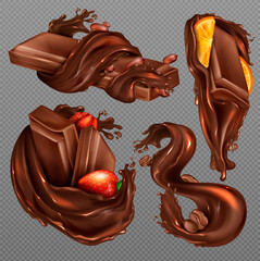 Set of 3D realistic vectors , horizontal and vertical splash of chocolate, cocoa or coffee, pieces of chocolate bar with raspberry and orange pieces, swirl and drop. Isolated on copy space background