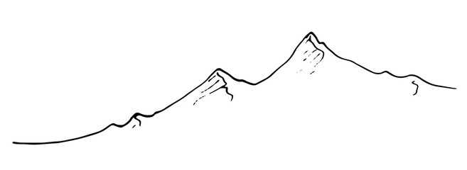 An isolated vector line is a chain of mountains. mountain peaks, drawn by hand with a black line on a white background. mountain peaks are a simple doodle-style drawing for a design template.mountain 