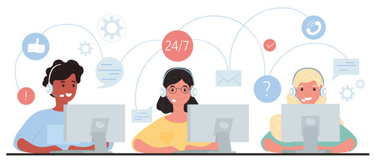 Customer service, hotline diverse operators consult customers with headsets on computers, 24 7 global online technical support, Call center, call processing system. Flat cartoon vector illustration