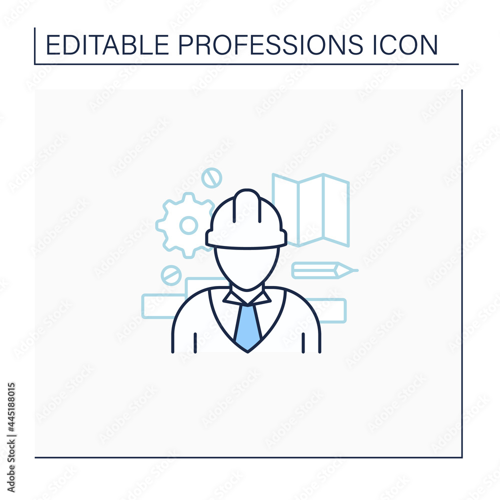 Poster engineer line icon. man design, construct, maintain engines and machines. important job.professions 