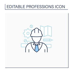 Engineer line icon. Man design, construct, maintain engines and machines. Important job.Professions concept. Isolated vector illustration.Editable stroke