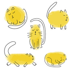 Hand drawn yellow cartoon cats set for design. Vector illustration