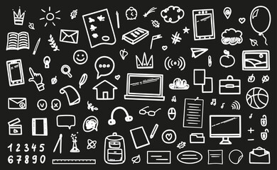 Set of hand drawn abstract signs and symbols. Freehand black elements on white. Education concept