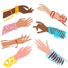 Hands of girls, women of different nationalities for the design of posters, billboards. Shopping, care, beauty. Vector illustration.