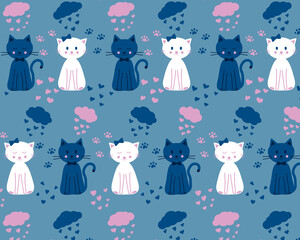 Seamless pattern with funny cats, clouds and hearts on a blue background. Vector illustration.