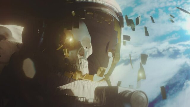 Dead astronaut orbiting earth. Skull visible. Cinematic sci-fi.