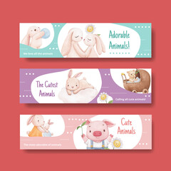 Banner template with adorable animals concept,watercolor style