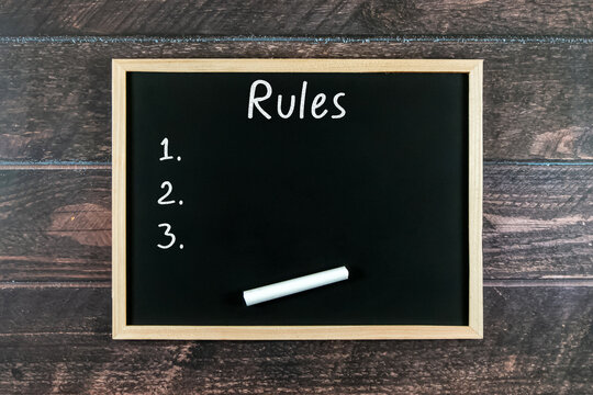 Rules List written on a blackboard with wooden background.