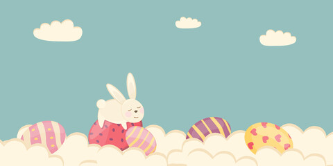 Easter poster and banner template with Easter eggs in the clouds on a pastel background.