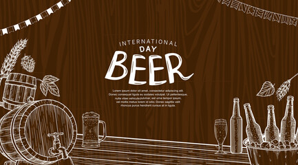 International Beer Day illustration vector design with hand drawn element isolated on wood background can be use for party, celebration and festival