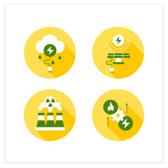 Energy flat icons set. Thunderstorm, solar, wind energy. Fusion reactor, thermoelectric generator. Electricity generation concept. Vector illustrations