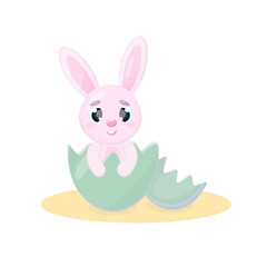 Cute cartoon pink Easter bunny in an Easter egg Isolated vector illustration on a white background