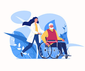 Fototapeta premium Help for elderly. Organization for care of disabled. Compassionate and competent solicitude. Daily nurse. Vector flat cartoon illustration.