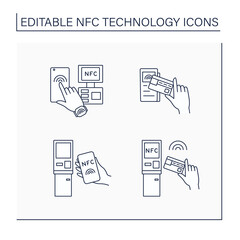 NFC technology line icons set. Safety payment system on smart watch or mobile phone. Near Field Communication. Contactless payment concept. Isolated vector illustration. Editable stroke