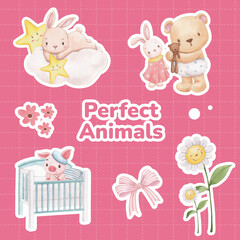 Sticker template with adorable animals concept,watercolor style