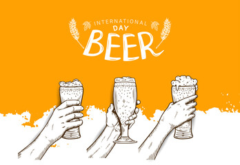 International Beer Day illustration vector design with hand holding glass and mug of beer isolated on white and orange background can be use for party, celebration and festival