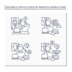 Remote work line icons set. Equipment issues, prioritizing work.Conflict unaddressed longer. Career difficulties concept. Isolated vector illustrations. Editable stroke
