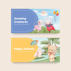 Twitter template with adorable animals concept,watercolor style