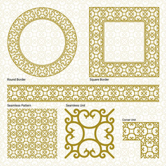 Vector, gold, floral, design elements drawn in a beautiful elegant style inspired by oriental architcture (Includes straight border, square frame, circular frame and a seamless pattern).
