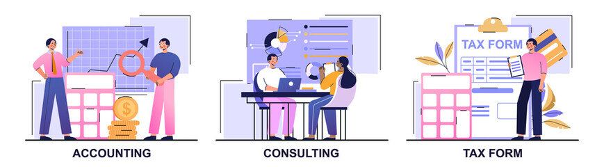 Financial information abstract concept. Accounting, consulting, tax form. Employees of the company study the financial situation and sales statistics. Competent business management. Flat vector set