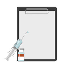 Medical disposable syringe icon with needle with coronavirus vaccine bottle. Clipboard background for instruction.