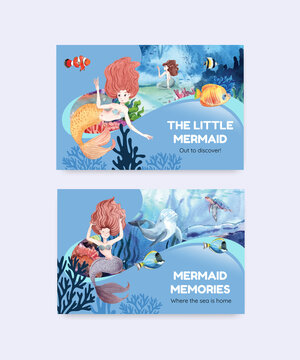 Facebook template with mermaid concept,watercolor style