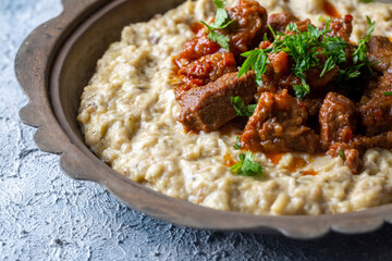Turkish Food Hunkar Begendi made with Eggplant and Meat.