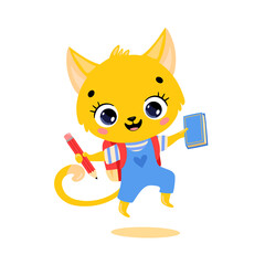 flat doodle illustration of a cute cartoon cat goes to school. Animals back to school