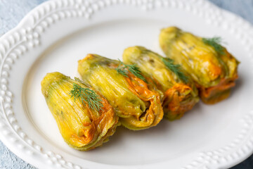 Traditional delicious Turkish - Greek cuisine, Turkish food; Stuffed zucchini flowers (Turkish name; kabak cicegi dolmasi)