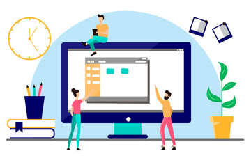 Online learning concept screen with folders, books, pencils, watches and multi characters. illustration.