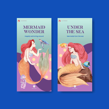 Instagram template with mermaid concept,watercolor style