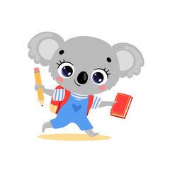 Vector flat doodle illustration of cute cartoon koala going to school. Animals back to school © Bonbonny