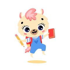 flat doodle illustration of a cute cartoon llama going to school. Animals back to school © Bonbonny