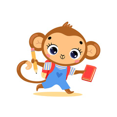flat doodle illustration of a cute cartoon monkey going to school. Animals back to school