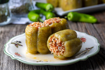 Traditional delicious Turkish food; stuffed bell peppers with meat (Turkish name; Etli biber dolmasi)