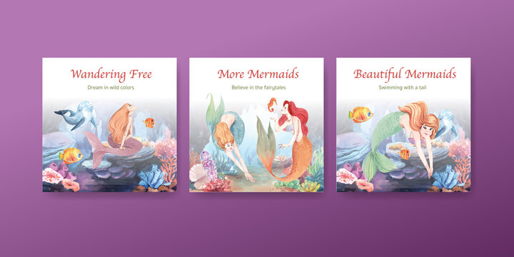 Banner template with mermaid concept,watercolor style