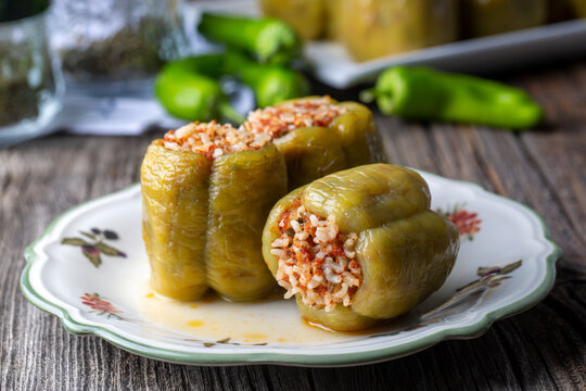 Traditional delicious Turkish food; stuffed bell peppers with meat (Turkish name; Etli biber dolmasi)
