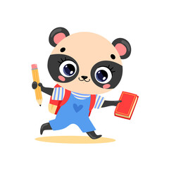 Vector flat doodle illustration of cute cartoon panda bear goes to school. Animals back to school