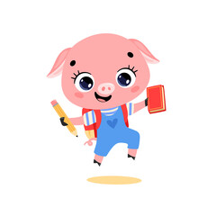 flat doodle illustration of cute cartoon pig going to school. Animals back to school
