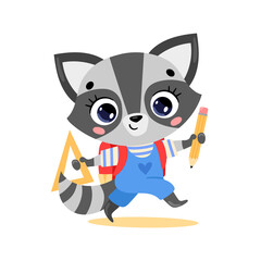 Obraz na płótnie Canvas flat doodle illustration of a cute cartoon raccoon going to school. Animals back to school