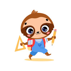 Vector flat doodle illustration of a cute cartoon sloth going to school. Animals back to school