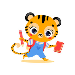 flat doodle illustration of a cute cartoon tiger going to school. Animals back to school