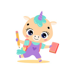 Vector flat doodle illustration of cute cartoon pony unicorn going to school. Animals back to school