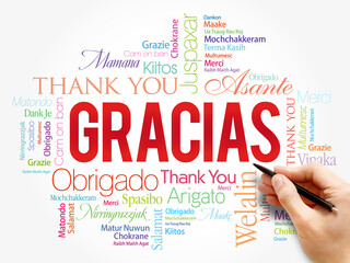 Gracias (Thank You in Spanish) Word Cloud background, all languages, multilingual for education or...