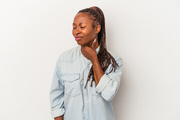 Young african american woman isolated on white background suffers pain in throat due a virus or...