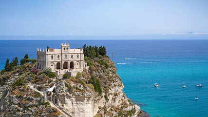 Sanctuary of Santa Maria dell Isola on top of the rock by Tyrrhenian Sea in Tropea, Calabria, Italy