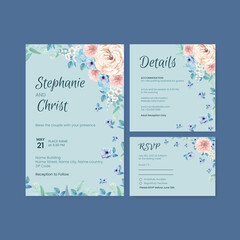 Wedding card template with blue flower peaceful concept,watercolor style