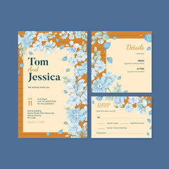 Wedding card template with blue flower peaceful concept,watercolor style