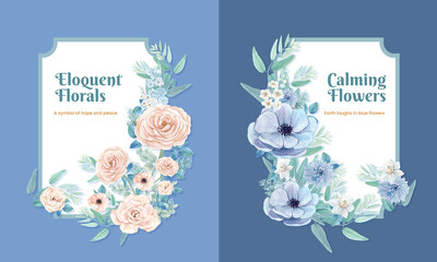 Wreath template with blue flower peaceful concept,watercolor style