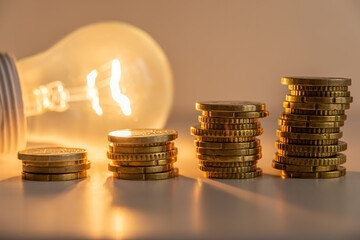 Lit light bulb with coins beside it. Increase in energy tariffs. Efficiency and energy saving. 
